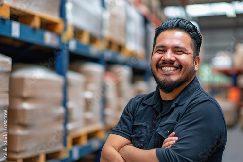 Hispanic Man Stands in Warehouse With Arms Crossed