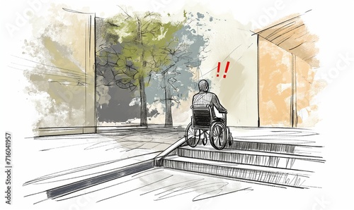 Fotografija A dangerous situation for a disabled person stuck alone in the stairs, trying to