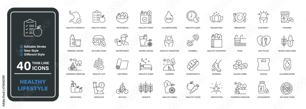 Healthy lifestyle minimal thin line icons. Related diet, fitness, nourishment, healthy food. Editable stroke. Vector illustration. - obrazy, fototapety, plakaty 