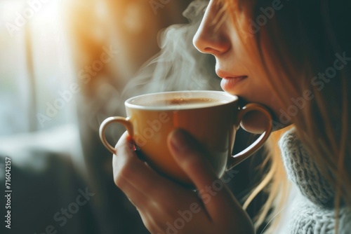 A poised woman indulges in a warm cup of coffee, her delicate features reflecting the coziness of the indoor setting as she savors each sip from the elegant teacup photo