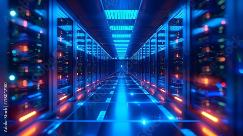 a long hallway with rows of servers in a data center with blue lights on the ceiling and flooring