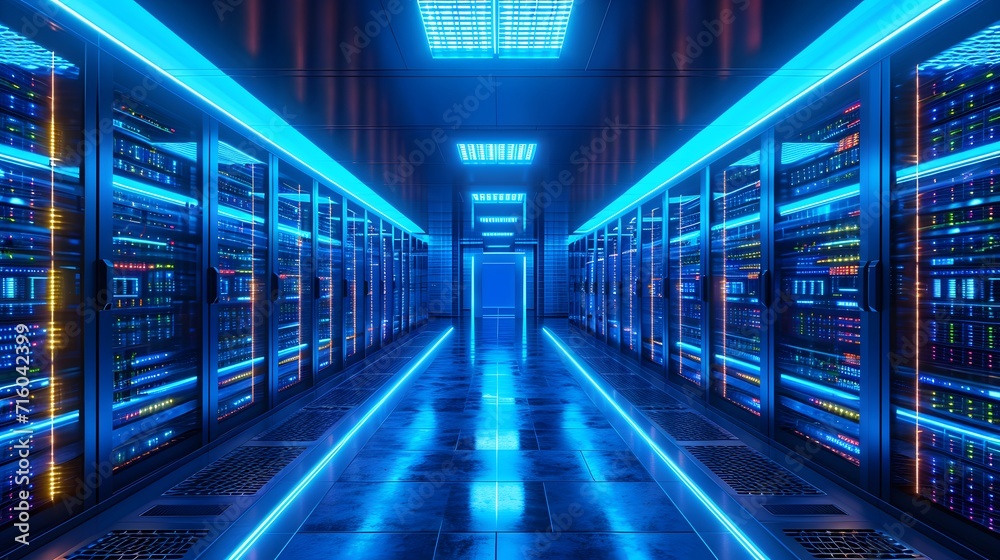 server rack in the warehouse, a long hallway with rows of servers in a data center with blue lights on the ceiling and flooring