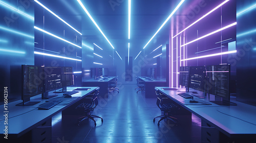 Um elegante espaço de trabalho minimalista é iluminado pelo suave brilho das luzes de néon proporcionando uma atmosfera fora deste mundo photo