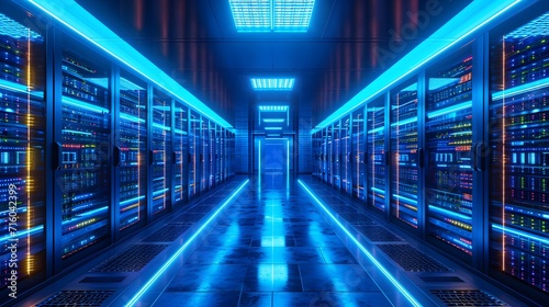 server rack in the warehouse, a long hallway with rows of servers in a data center with blue lights on the ceiling and flooring