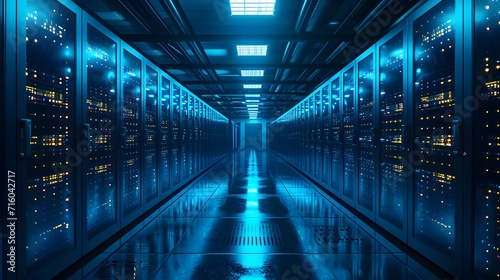 data center network, a long hallway with rows of servers in a data center with blue lights on the ceiling and flooring