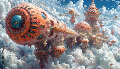 Vivid Fantasy Art Expansive Skies and Mechanical Whimsy in Colorful Mindscapes. Generative AI