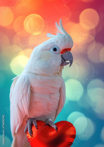 small cute beautiful parrot holding heart, valentine's day, symbol, love, february 14, postcard, animal, bird, feathers, blurred color background © Julia Zarubina
