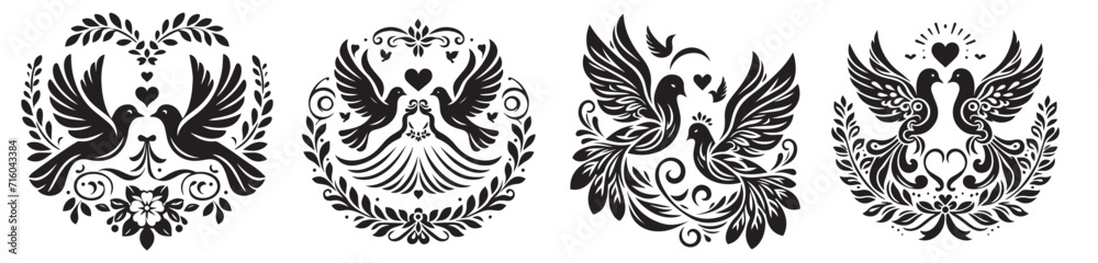 Fototapeta premium doves vector image set of wedding decorative pigeon birds, black and white vector graphics
