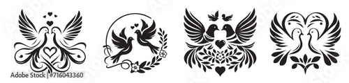 doves vector image set of wedding decorative pigeon birds, black and white vector graphics photo