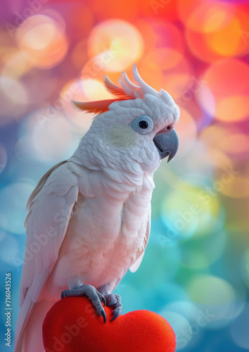 small cute beautiful parrot holding heart, valentine's day, symbol, love, february 14, postcard, animal, bird, feathers, blurred color background © Julia Zarubina