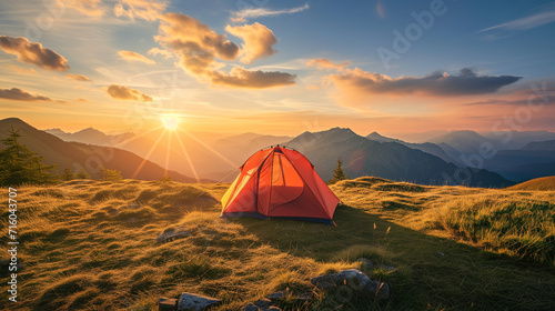 camping in the mountains at sunset