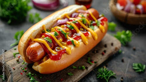 Culinary Joy: Mustard, Ketchup, and Onions Top a Tasty Hot Dog Feast