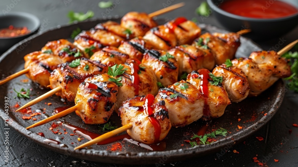 Gourmet Delight: Top View of Chicken Kebab Skewers on a Black Plate with Copy Space