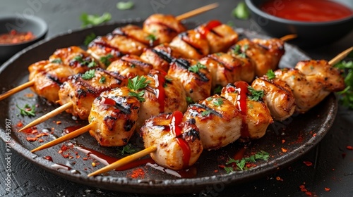 Gourmet Delight: Top View of Chicken Kebab Skewers on a Black Plate with Copy Space © Thanate