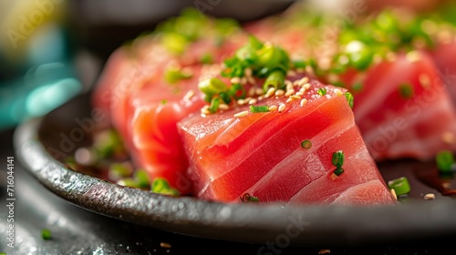 Savor the Sea: Top View of Fresh Tuna Fillet Steak and Sashimi on Japanese Wooden Board