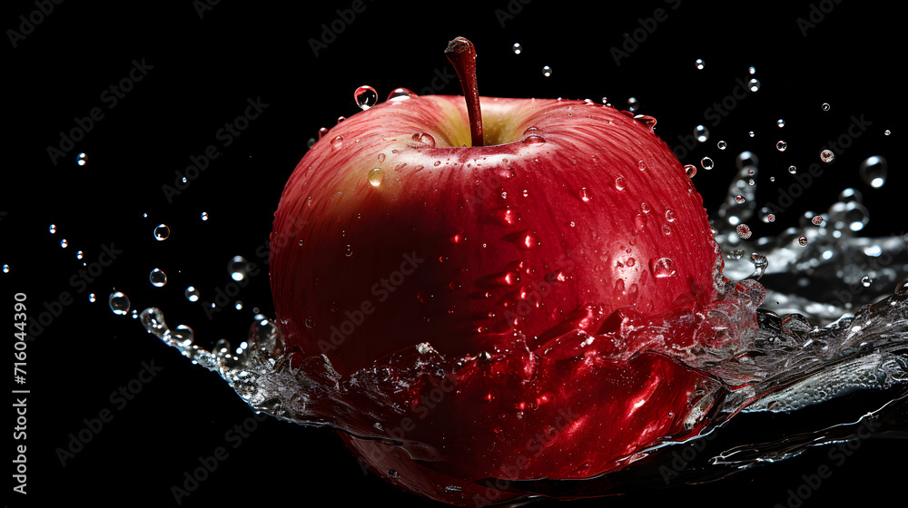 Red apples juice in water splash, healthy drink over black background ...