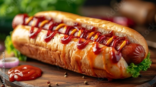 Street Food Extravaganza: Vibrant Close-Up of Hotdog Delight with Creamy Mayo, Tangy Ketchup, and American Vegetables