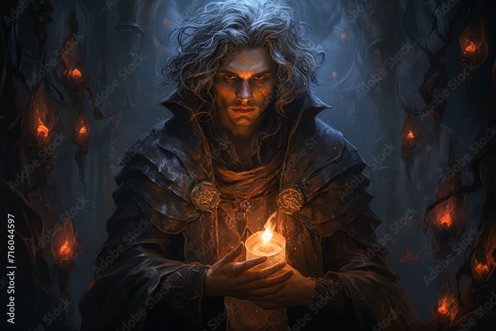 A brooding and mysterious warlock, bound to a powerful otherworldly patron and wielding eldritch powers. - Generative AI A brooding and mysterious warlock, bound to a powerful otherworldly patron and wielding eldritch powers. - Generative AI
