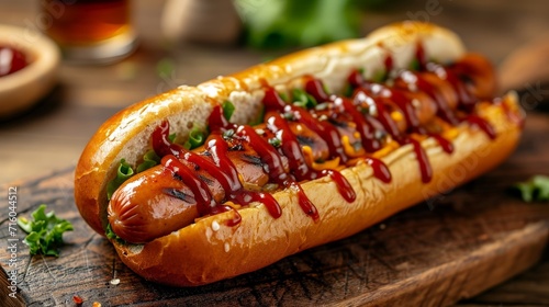 Gourmet Street Eats: Hotdog Sandwich Close-Up with Creamy Mayonnaise, Zesty Ketchup, and Colorful American Vegetables