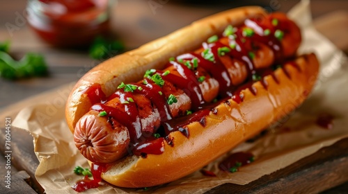 Fast Food Feast: A Close-Up Snapshot of a Hotdog Sandwich featuring Mayo, Ketchup, and Local American Vegetable Flavors