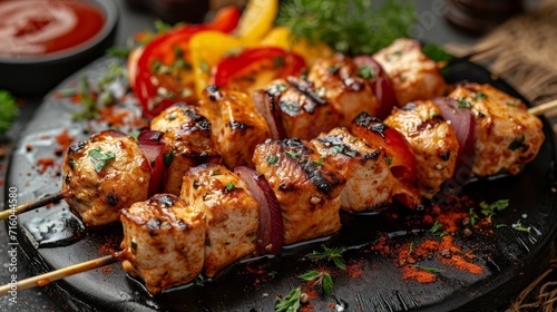 Foodie's Dream: Delicious Close-Up of Chicken Kebab Skewers on Black Plate with Tomato Sauce, Focused on the Culinary Delight