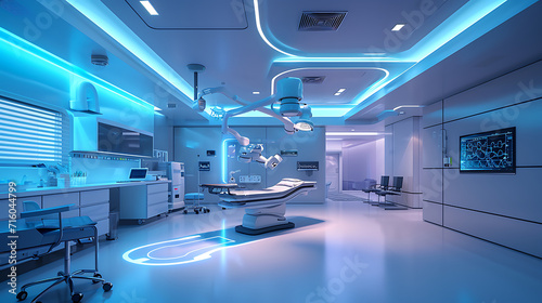 Uma sala de hospital moderna e elegante é iluminada por luzes ambiente azuis e brancas criando uma sensação de calma e eficiência