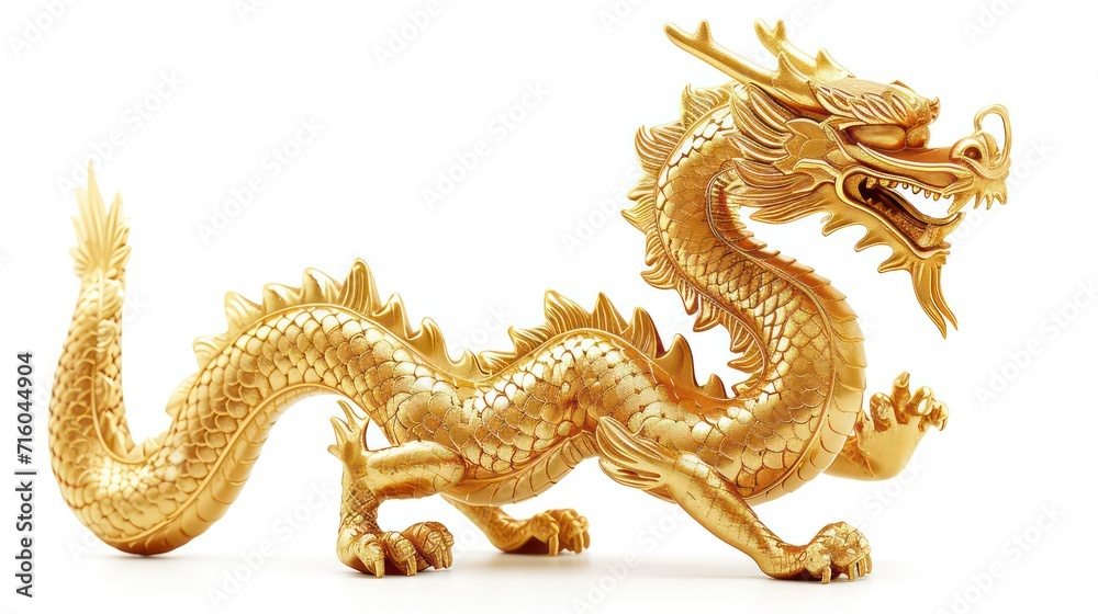 Obraz premium Chinese golden dragon isolated on white with clipping path.Golden traditional chinese dragon isolated on white background. Feng Shui statuette.