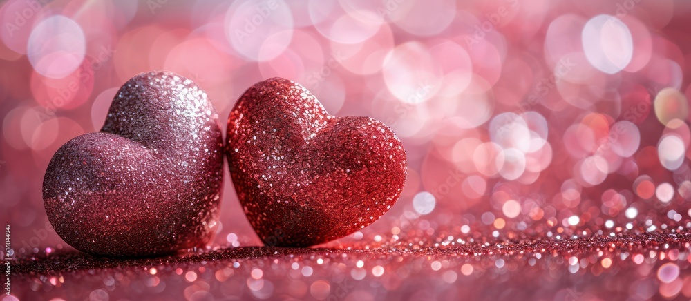 Two Hearts On Pink Glitter In Shiny Background - Valentine's Day Concept Two Hearts On Pink Glitter In Shiny Background - Valentine's Day Concept
