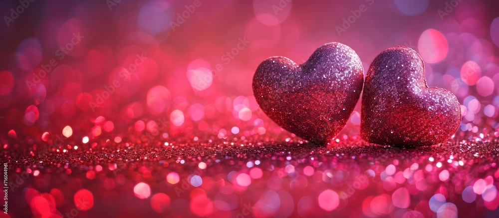 Two Hearts On Pink neon Glitter In Shiny Background - Valentine's Day Concept