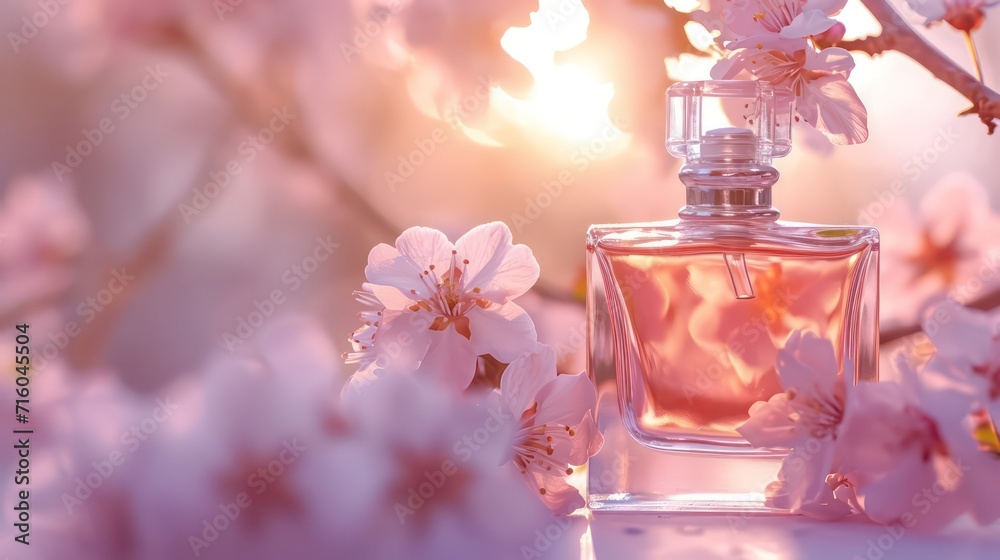 Creative layout perfume and petals of a blossoming apple tree. Beauty concept - obrazy, fototapety, plakaty 