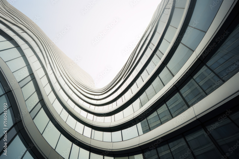 Modern building with wavy futuristic design, low angle view of abstract curve lines and sky. Geometric facade with glass and steel. Concept of architecture exterior, business, office - obrazy, fototapety, plakaty 