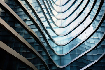 Modern tall city building with wavy futuristic design, low angle view of abstract curve lines. Geometric facade with glass and steel. Concept of architecture exterior, office