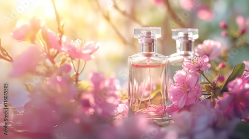 Creative layout perfume and petals of a blossoming apple tree. Beauty concept