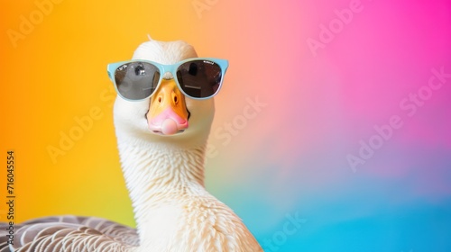 Portrait of a funny goose in sunglasses photo