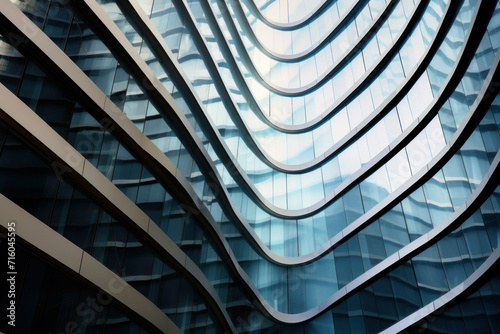 Modern tall city building with wavy futuristic design, low angle view of abstract curve lines. Geometric facade with glass and steel. Concept of architecture exterior, office photo