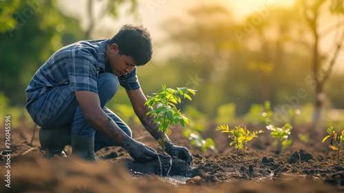 Photographie farmer hands hold soil earth sunset