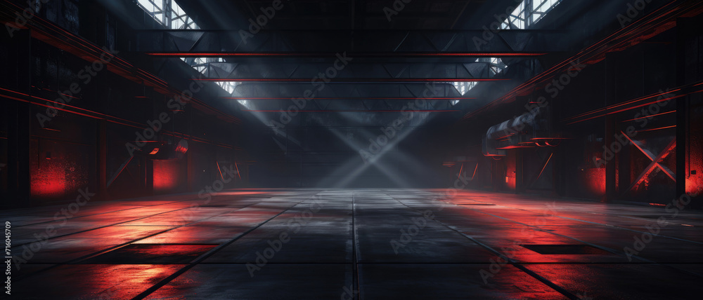 Dark warehouse background, perspective panoramic view of garage with led neon red lighting. Modern design of large empty room, abstract space interior. Concept of industry, building