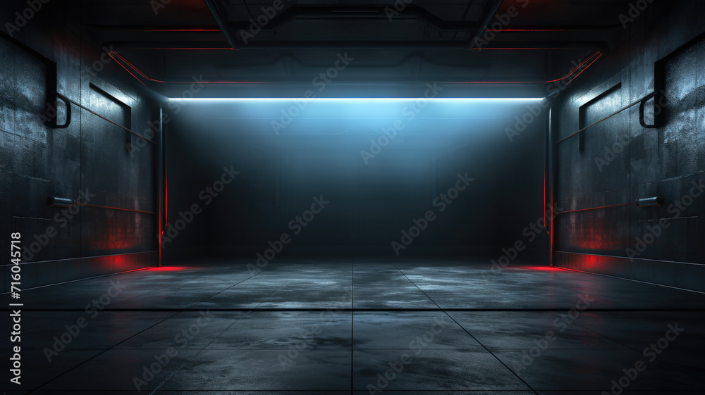 Dark garage background, empty grungy room with led neon lighting of wall like digital billboard or screen. Design of futuristic hall, modern studio interior. Concept of industry, tech - obrazy, fototapety, plakaty 