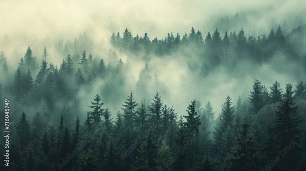 Misty landscape with mountains and fir forest in hipster vintage retro style
