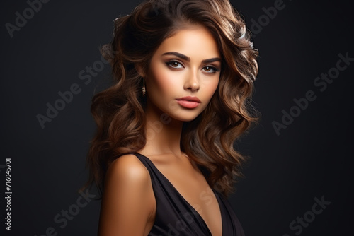 Young woman with luxury dark brown long hair on studio background. Portrait of adult girl model in black dress with wavy stylish hairstyle. Concept of beauty, face, style, fashion, sexy