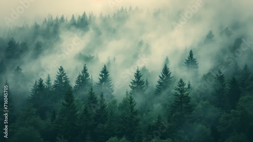 Misty landscape with mountains and fir forest in hipster vintage retro style © Ibad