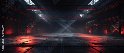 Obraz na płótnie Dark warehouse background, perspective panoramic view of garage with led neon red lighting. Modern design of large empty room, abstract space interior. Concept of industry, building w salonie