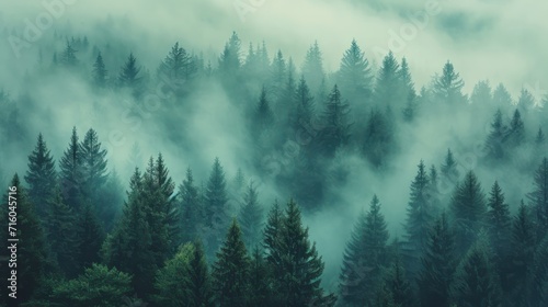 Misty landscape with mountains and fir forest in hipster vintage retro style photo