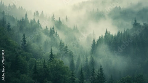 Misty landscape with mountains and fir forest in hipster vintage retro style © Ibad