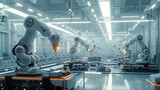 Um moderno armazém industrial e elegante vibra com a atividade enquanto braços robóticos zunem e esteiras rolantes deslizam suavemente