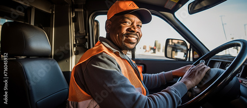 Happy black professional driver getting out of his truck and looking at camera © bahija