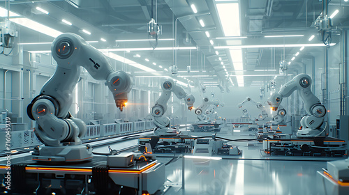 Um moderno armazém industrial e elegante vibra com a atividade enquanto braços robóticos zunem e esteiras rolantes deslizam suavemente photo