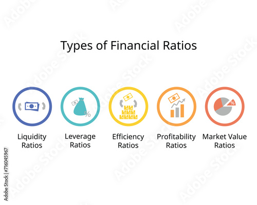 Types of Financial Ratios for Liquidity, leverage, efficiency, profitability, market value ratio