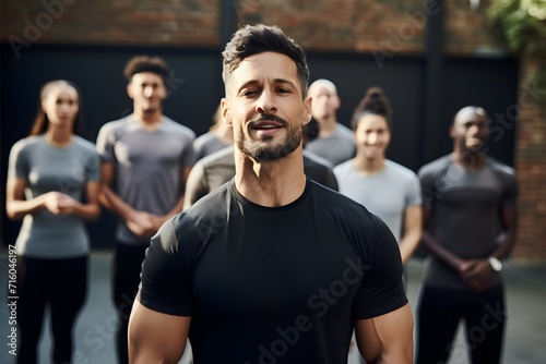 Confident male personal trainer with a group of clients at a gym