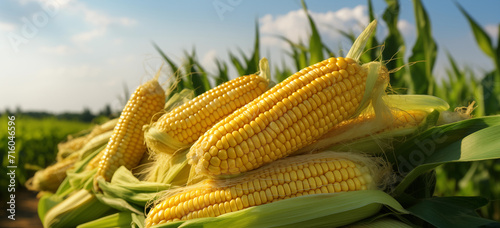 Corn cobs basking in sunlight on a wooden tabletop, framed by a farm background, blending agriculture with health food advertising space.